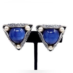Vintage Signed Napier Blue Moonglow Runway Statement Couture Clip Earrings
